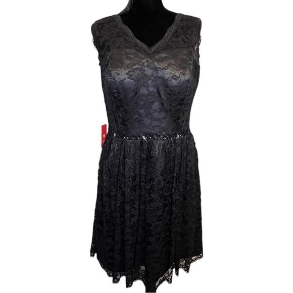 NWT JJs House Black Lace Floral Overlay V-Neck Sleeveless Beaded A-Line Dress 14 - Picture 1 of 11